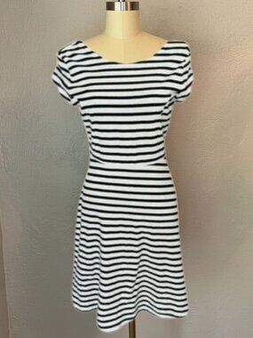 Old Navy Black White Striped Fit & Flare Cap Sleeve Cotton Blend Dress Large